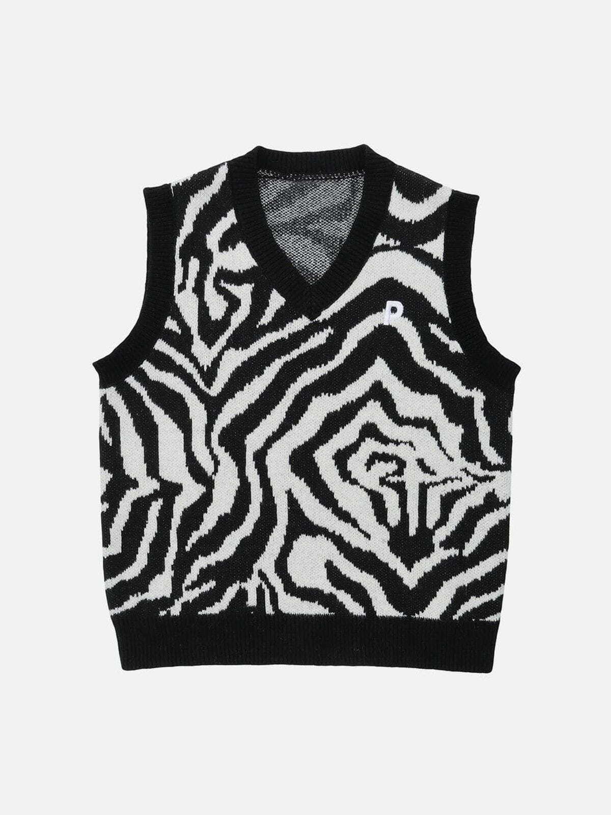 Y2K Zebra Pattern Embroidery Sweater Vest - Retro 90s Grunge Outfit for Summer Parties