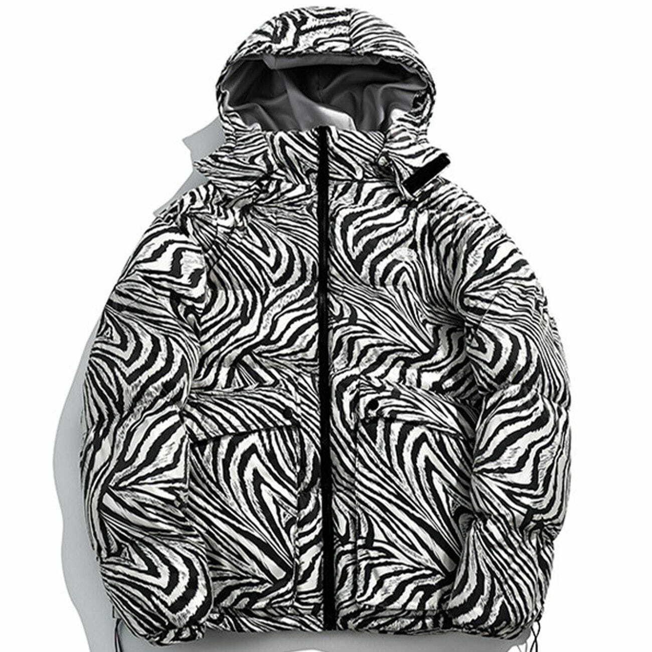 Zebra Print Y2K Hooded Puffer Jacket - Retro 90s Grunge Style for Summer Outfits